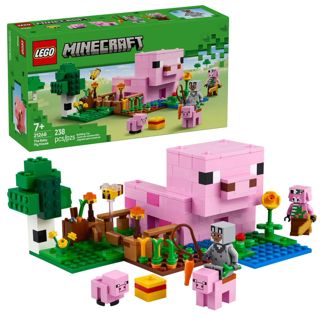 LEGO Minecraft Baby Pig House set with pink pig, garden, tree, and mini-figure by Brick Shack
