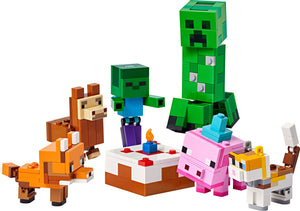 LEGO Boxed Set featuring Minecraft characters celebrating a birthday with a cake and party decorations