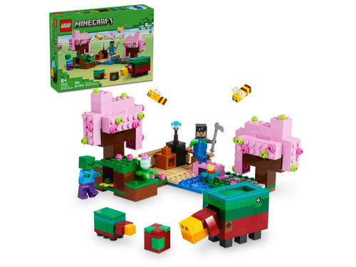 LEGO Minecraft Cherry Blossom set by Brick Shack featuring Minecraft characters and cherry blossom trees build