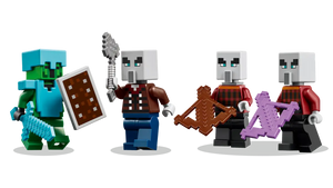 LEGO Minecraft Illager set featuring four minifigures with weapons and shield on black background