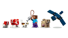 Load image into Gallery viewer, LEGO Minecraft Mooshroom House set featuring blocky characters including Mooshroom cows, cat, player, bear, and blue parrot
