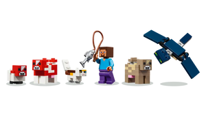 LEGO Minecraft Mooshroom House set featuring blocky characters including Mooshroom cows, cat, player, bear, and blue parrot