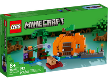 Load image into Gallery viewer, LEGO Minecraft Pumpkin Farm set 21248 featuring a pumpkin, trees, and a character on a boat
