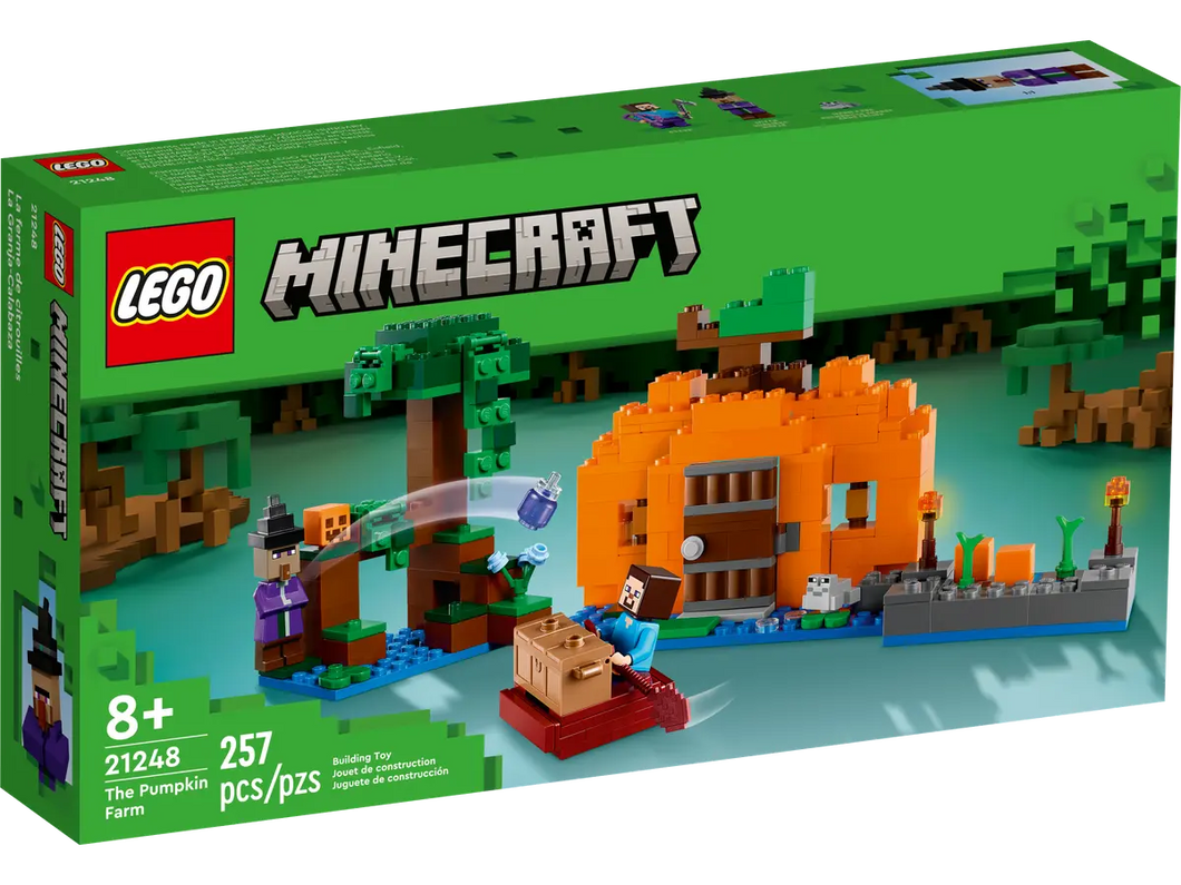 LEGO Minecraft Pumpkin Farm set 21248 featuring a pumpkin, trees, and a character on a boat