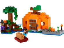 Load image into Gallery viewer, LEGO Minecraft Pumpkin Farm set 21248 featuring a pumpkin house, tree, and Steve in a boat
