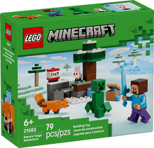 Load image into Gallery viewer, LEGO Minecraft Steve's Taiga Adventure set 21583 featuring Steve and a Creeper in a snowy landscape
