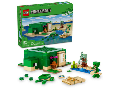 LEGO Minecraft Turtle Beach House set with green turtle-themed build and minifigures on 
