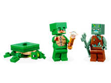 Load image into Gallery viewer, LEGO Minecraft Turtle Beach House set featuring turtle, warrior, and zombie minifigures on black background
