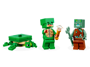LEGO Minecraft Turtle Beach House set featuring turtle, warrior, and zombie minifigures on black background