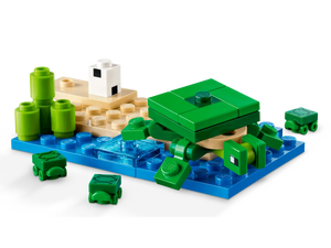 LEGO Minecraft Turtle Beach House set featuring a green turtle, water, and sandy beach build