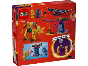 Brick Shack LEGO Ninjago Arin's Battle Mech boxed set with mech, figures, and accessories on red background