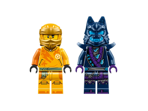 Two LEGO Ninjago Arin's Battle Mech minifigures, one in yellow ninja outfit and one in dark wolf warrior costume