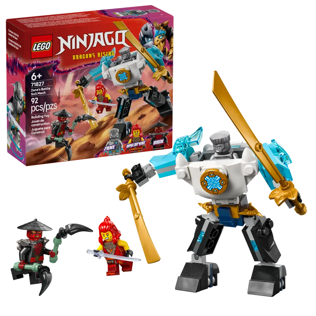 LEGO Ninjago Zane's Battle Suit Mech 71827 set featuring minifigures and a vibrant mech design