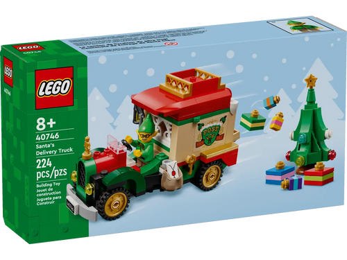 LEGO Santa's Delivery Truck set 40746 featuring an elf figure, a decorated truck, and a Christmas tree