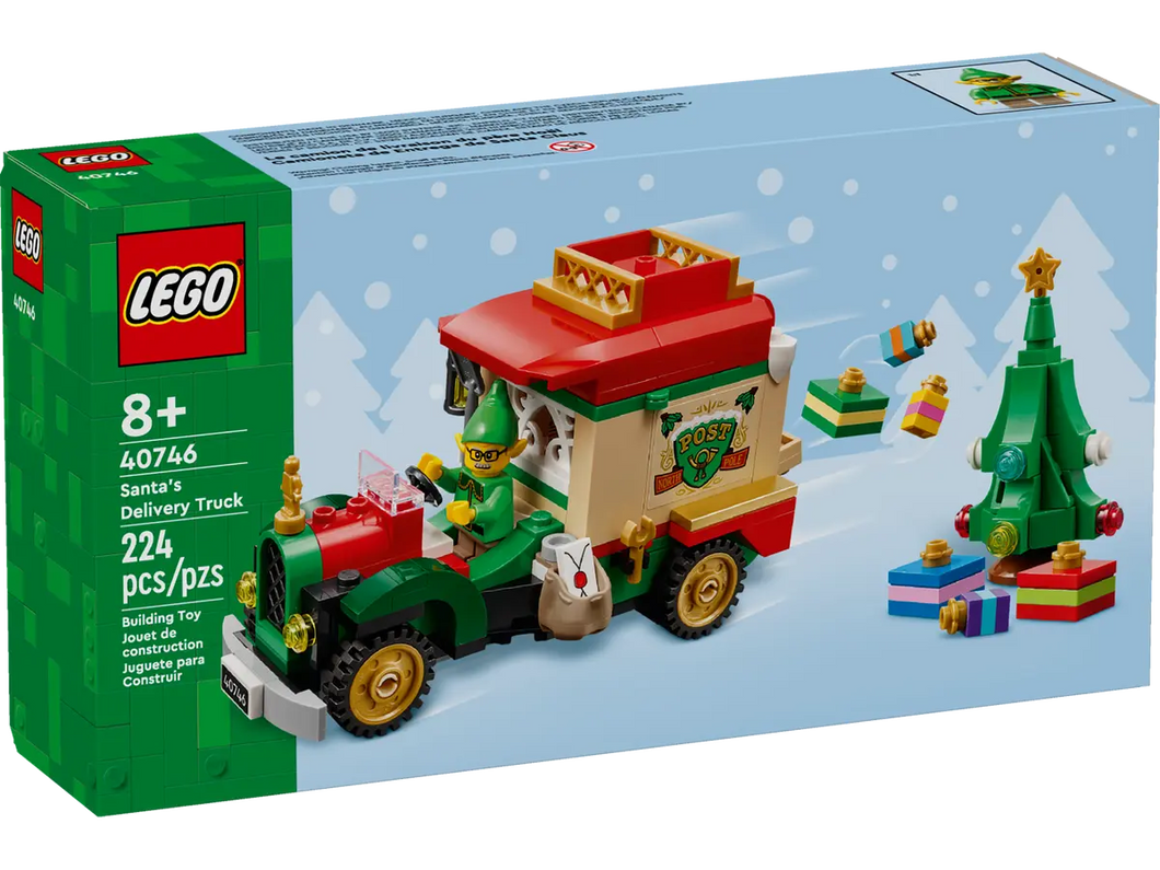 LEGO Santa's Delivery Truck set 40746 featuring an elf figure, a decorated truck, and a Christmas tree