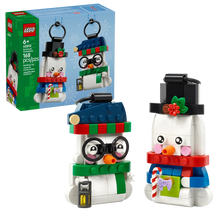 Load image into Gallery viewer, LEGO snowman Christmas ornaments 40812 boxed set featuring two festive snowmen with accessories
