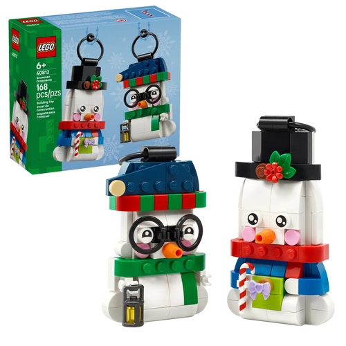 LEGO snowman Christmas ornaments 40812 boxed set featuring two festive snowmen with accessories