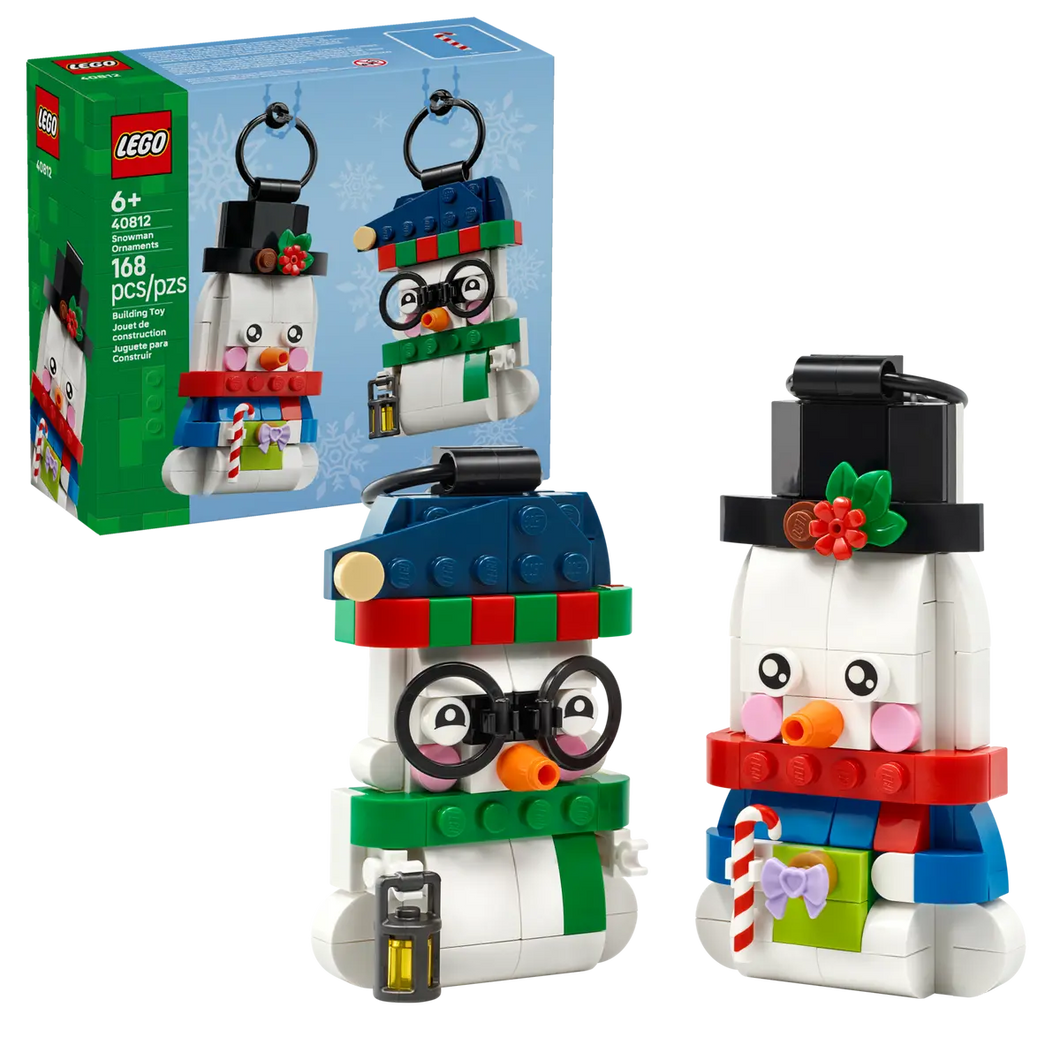 LEGO snowman Christmas ornaments 40812 boxed set featuring two festive snowmen with accessories