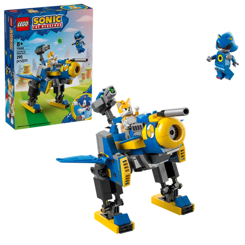 LEGO Sonic the Hedgehog set featuring Tails and Sonic minifigures with a buildable mech on black background