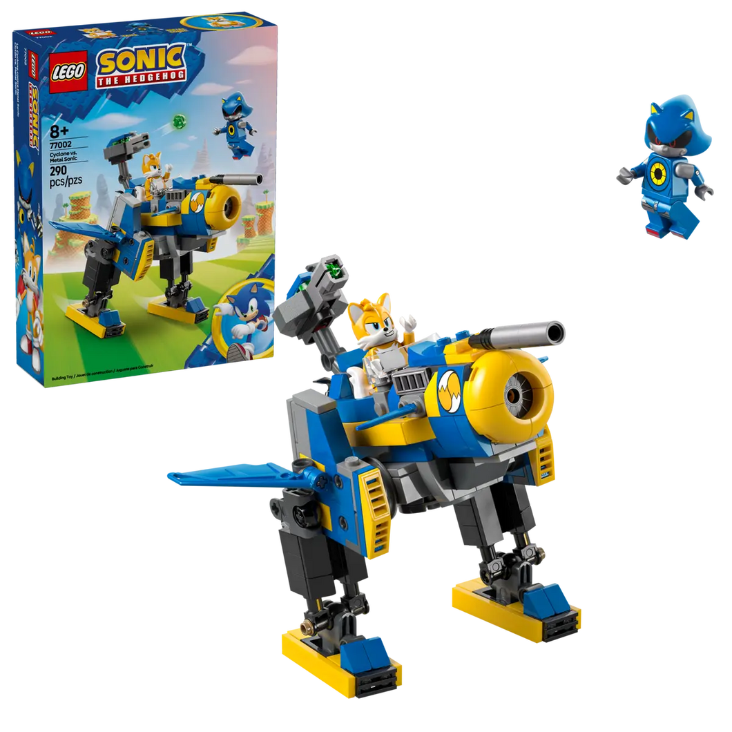 LEGO Sonic the Hedgehog set featuring Tails and Sonic minifigures with a buildable mech on black background