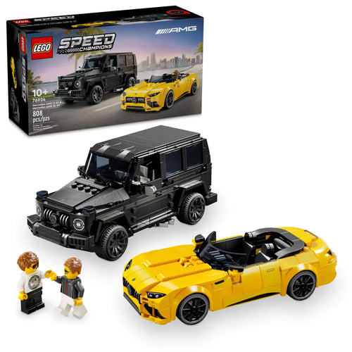 LEGO Speed Champions Mercedes-AMG set featuring black SUV and yellow convertible with two mini figures