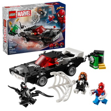 Load image into Gallery viewer, LEGO Spider-Man vs Venom set with black car, Spider-Man and Venom minifigures, and building accessories
