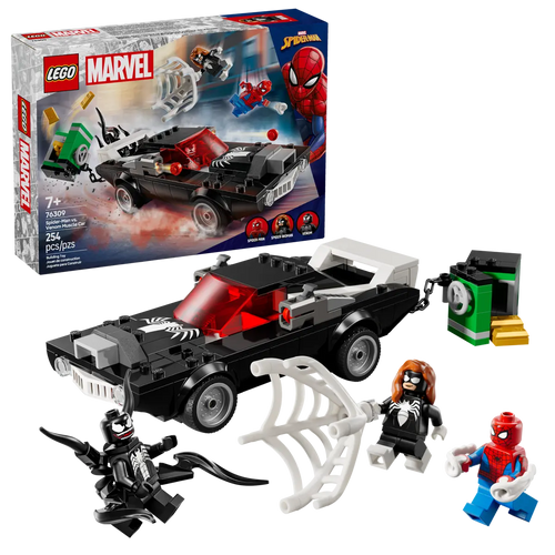 LEGO Spider-Man vs Venom set with black car, Spider-Man and Venom minifigures, and building accessories