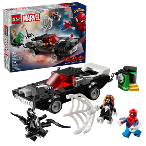 LEGO Spider-Man vs Venom set with black car, Spider-Man and Venom minifigures, and building accessories