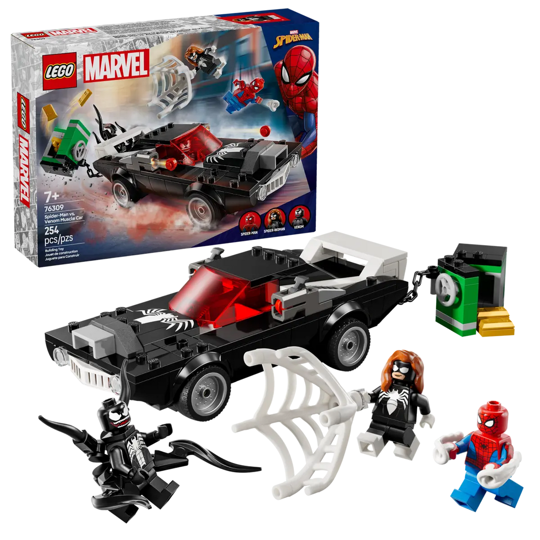 LEGO Spider-Man vs Venom set with black car, Spider-Man and Venom minifigures, and building accessories