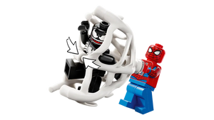 LEGO Spider-Man vs Venom set featuring Spider-Man trapping Venom in a white web on black background