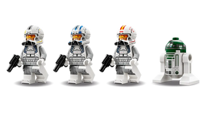 Four LEGO minifigures from LEGO Star Wars ARC-170 Starfighter set including three pilots and an astromech droid