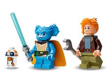 Load image into Gallery viewer, LEGO Star Wars Crimson Firehawk set featuring blue alien minifigure with lightsaber and orange-haired mechanic with wrench
