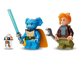 LEGO Star Wars Crimson Firehawk set featuring blue alien minifigure with lightsaber and orange-haired mechanic with wrench