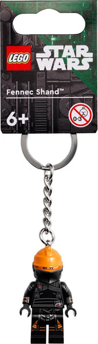 LEGO Star Wars Fennec Shand keyring featuring a detailed minifigure with orange helmet and black outfit