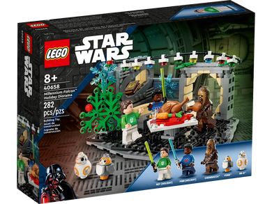 LEGO Millennium Falcon Holiday Diorama Star Wars set with festive characters and 282 pieces for ages 8 and up
