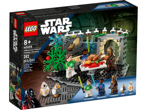 LEGO Millennium Falcon Holiday Diorama Star Wars set with festive characters and 282 pieces for ages 8 and up