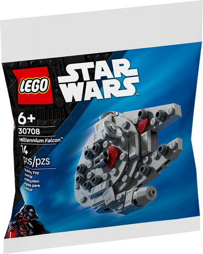 LEGO Star Wars Millennium Falcon polybag 30708 featuring grey buildable model and packaging design