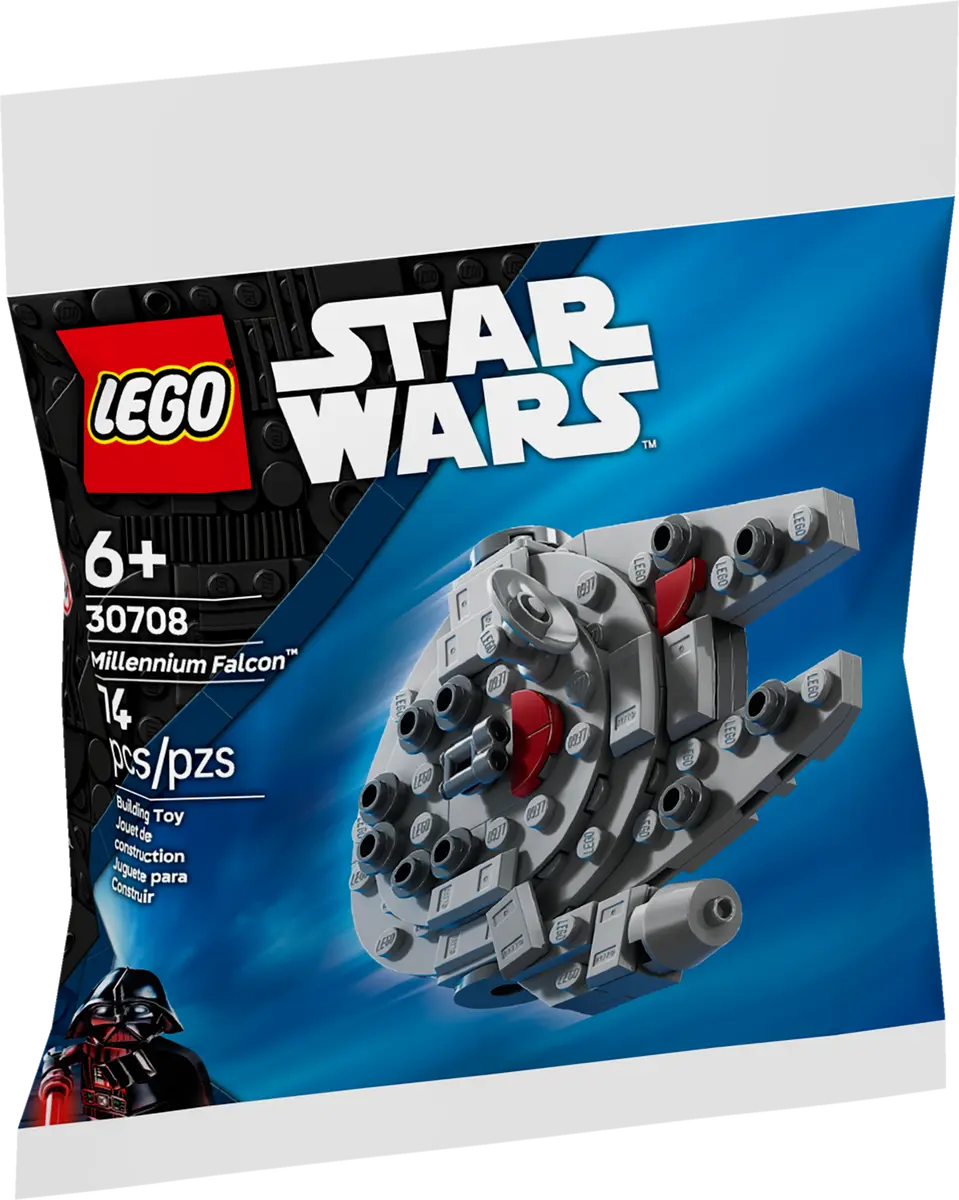 LEGO Star Wars Millennium Falcon polybag 30708 featuring grey buildable model and packaging design