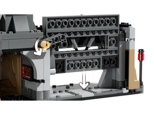 Close up of LEGO Star Wars Paz Vizsla set showing detailed grey and brown brick construction with movable parts