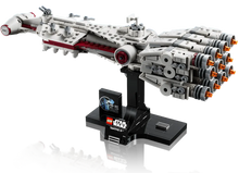 Load image into Gallery viewer, LEGO Star Wars Tantive IV set model displayed on a black stand with detailed spaceship design
