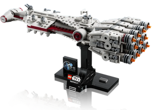 LEGO Star Wars Tantive IV set model displayed on a black stand with detailed spaceship design