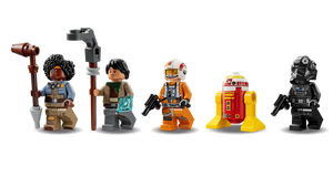 LEGO Star Wars TIE Fighter set minifigures including rebel pilots and droids on black background