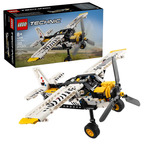 LEGO Technic bush plane set with detailed white and yellow model plane and packaging box on black background