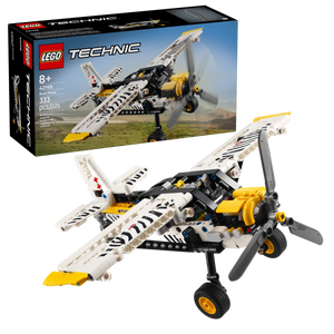 LEGO Technic bush plane set with detailed white and yellow model plane and packaging box on black background
