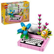 Load image into Gallery viewer, LEGO typewriter set with flowers by Brick Shack featuring pink keys and colourful floral decorations
