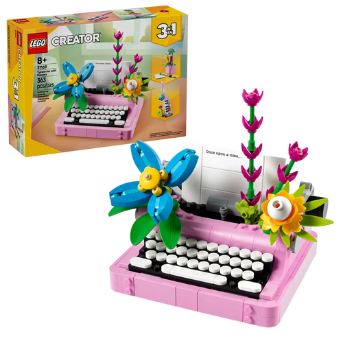 LEGO typewriter set with flowers by Brick Shack featuring pink keys and colourful floral decorations