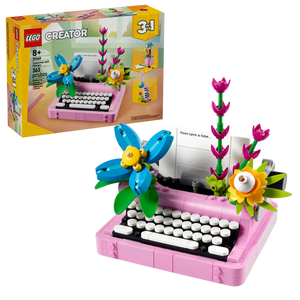LEGO typewriter set with flowers by Brick Shack featuring pink keys and colourful floral decorations