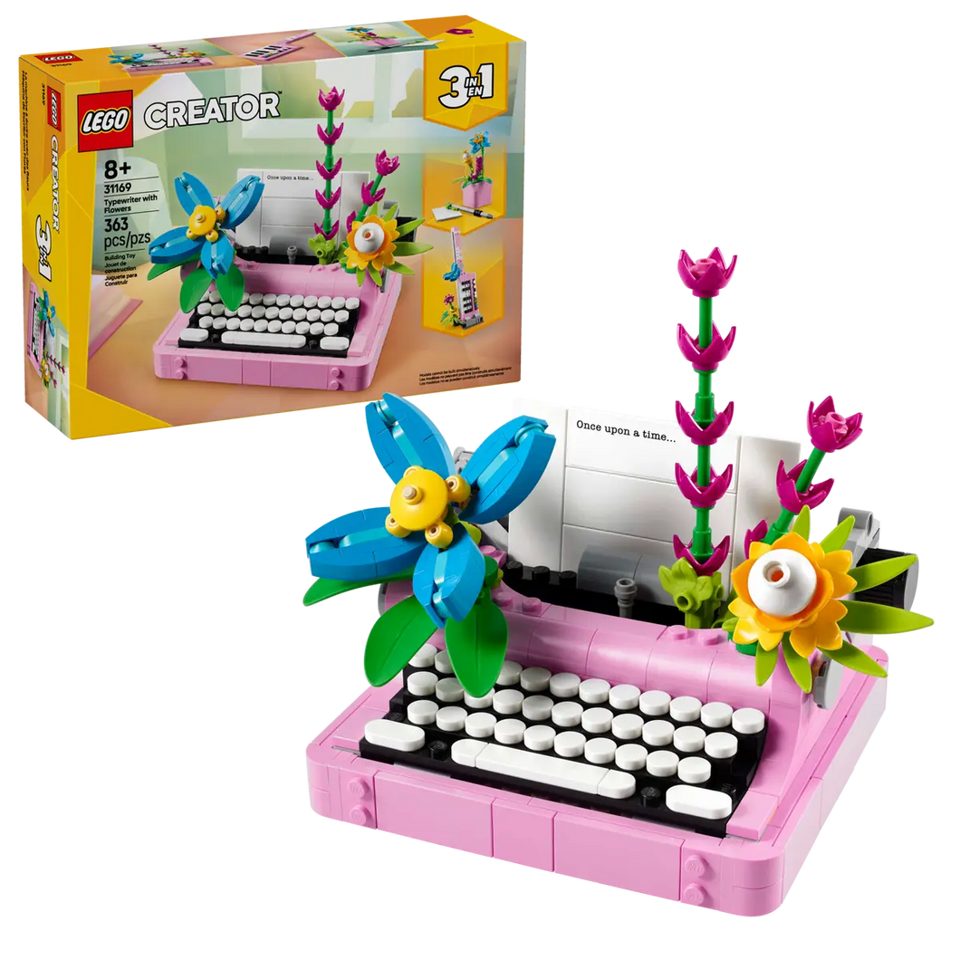 LEGO typewriter set with flowers by Brick Shack featuring pink keys and colourful floral decorations