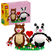 Load image into Gallery viewer, LEGO Valentine Love Bears set by Brick Shack featuring brown and panda bears holding a red heart on a flower-studded base
