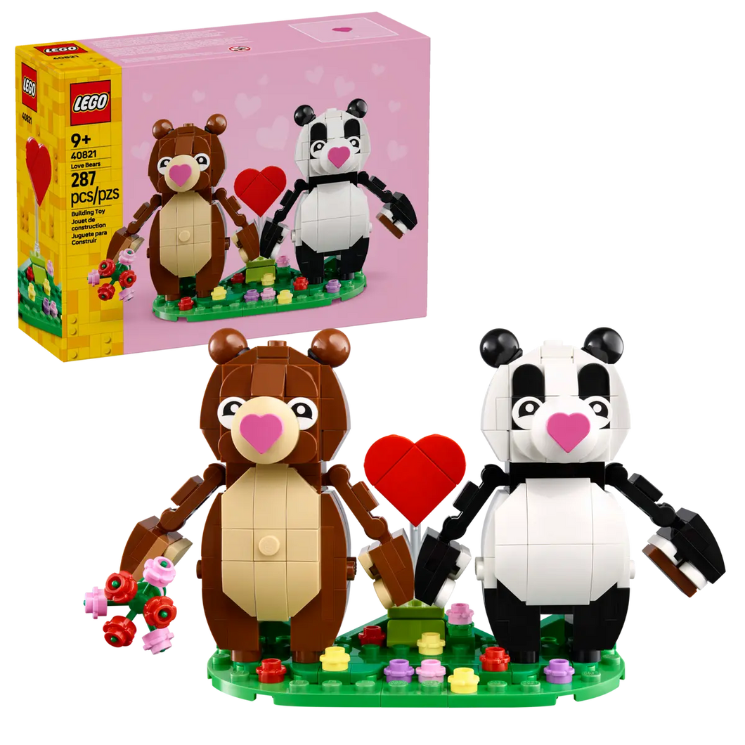 LEGO Valentine Love Bears set by Brick Shack featuring brown and panda bears holding a red heart on a flower-studded base